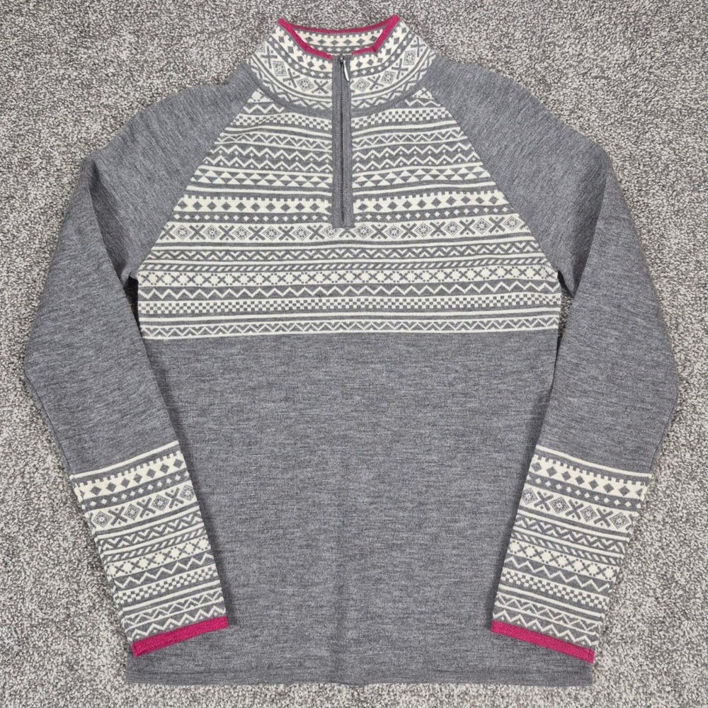 Krimson Klover 100% Wool Sweater Womens Medium Gray Nordic Fair Isle 1/4 Zip